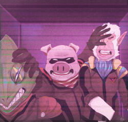 3boys andrew_oikonny blue_eyes envos fang furry gloves jacket leon_powalski male_focus multiple_boys nintendo pig_boy pigma_dengar scene_reference simple_background star_fox starlink:_battle_for_atlas teeth upper_teeth_only