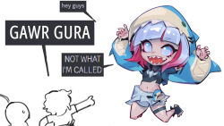 1girl 3others :d arms_up briar_(league_of_legends) colored_sclera crop_top diagonal_bangs highres league_of_legends medium_hair meme midriff multiple_others navel not_what_i&#039;m_called_(meme) open_mouth phantom_ix_row pink_hair pink_sclera sailor_collar sharp_teeth shork_cosplay_briar simple_background smile solo_focus teeth white_background white_eyes white_hair