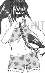 Rule 34 | 1girl, adjusting clothes, adjusting panties, armpits, artist request, blush, bodysuit, boyshort panties, breasts, capcom, chain, clenched hands, collarbone, delinquent, embarrassed, eyelashes, female focus, hand to own mouth, hand up, heart, heart print, himezaki aoi, humiliation, justice gakuen, legs, long hair, looking down, mask, matching underwear, medium breasts, midriff, moero! justice gakuen, monochrome, mouth mask, navel, neck, panties, parted bangs, ponytail, purple eyes, red hair, sidelocks, signature, simple background, standing, thighs, torn bodysuit, torn clothes, tsundere, underwear, underwear only, very long hair, wardrobe malfunction, white background