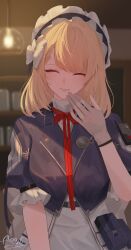 1girl absurdres aooni_09 artist_name blonde_hair blurry bow ceiling_light centaureissi_(girls&#039;_frontline_2) closed_eyes commentary commission english_commentary facing_viewer g36_(girls&#039;_frontline) girls&#039;_frontline girls&#039;_frontline_2:_exilium gloves hair_bow hand_up highres lips long_hair maid maid_headdress neck_ribbon open_mouth partially_fingerless_gloves pouch red_ribbon ribbon second-party_source smile solo upper_body white_bow white_gloves white_mouth