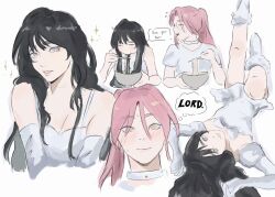Rule 34 | 2girls, @ @, alien stage, black hair, blush, boots, choker, chopsticks, commentary, dress, english commentary, english text, food, highres, holding, holding chopsticks, legs up, long hair, lying, mizi (alien stage), multiple girls, noodles, official alternate hair length, official alternate hairstyle, on back, pannpanboo, pink hair, ponytail, sparkle, speech bubble, sua (alien stage), thought bubble, white boots, white choker, white dress, yellow eyes