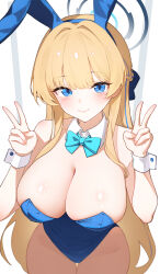 1girl alternate_breast_size animal_ear_hairband animal_ears blonde_hair blue_archive blue_bow blue_bowtie blue_eyes blue_leotard blush bow bowtie braid breasts breasts_out closed_mouth commentary_request detached_collar double_v fake_animal_ears hair_intakes hairband half_up_braid halo highres large_breasts leotard long_hair looking_at_viewer nipples official_alternate_costume official_alternate_hairstyle playboy_bunny rabbit_ear_hairband rabbit_ears smile solo strapless strapless_leotard thigh_gap toki_(blue_archive) toki_(bunny)_(blue_archive) ukiii v white_wrist_cuffs wrist_cuffs
