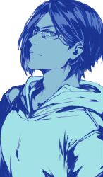 1boy bleach bleach:_sennen_kessen-hen blue_theme glasses hair_behind_ear highres hood hood_down hoodie ishida_uryuu looking_at_viewer monochrome parted_bangs peppertea solo v-shaped_eyebrows white_background