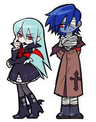 Rule 34 | 2girls, ankle wings, aqua hair, armband, bandage over one eye, bandaged chest, bandaged leg, bandages, bemani, blue hair, blue skin, boots, breasts, brown coat, buttons, coat, collared dress, colored skin, cross, dress, ear piercing, fang, fishnets, genderswap, genderswap (mtf), hand on own cheek, hand on own face, jjjjtaaaku, long hair, looking at another, medium breasts, multiple girls, nail polish, open clothes, open coat, open mouth, piercing, pointy ears, pop&#039;n music, purple boots, purple dress, red armband, red eyes, red ribbon, red wings, ribbon, short hair, simple background, smile, smile (pop&#039;n music), vampire, white background, wings, yuli (pop&#039;n music)