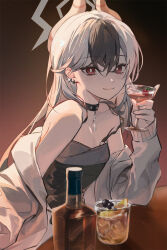 1girl alcohol black_background black_choker black_dress black_hair black_horns blue_archive bottle brown_background cherry choker closed_mouth cocktail cocktail_glass commentary_request cup demon_horns diamond_necklace dress drinking_glass ear_piercing elbow_on_table food fruit glint gradient_background grey_halo grey_jacket halo hashtag-only_commentary highres holding holding_cup horns jacket jacket_partially_removed kayoko_(blue_archive) kayoko_(dress)_(blue_archive) lemon lemon_slice light_smile long_hair looking_at_viewer multicolored_hair official_alternate_costume piercing red_eyes solo strap_slip studded_choker table two-tone_hair void4516 white_hair