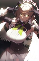 1girl angel_wings armpits ascot black_background black_dress black_gloves black_hat black_headband blue_archive breasts brown_hair cosplay detached_sleeves double-parted_bangs double_v dress feathered_wings frilled_sleeves frills gem gloves glowing glowing_eyes green_ascot grey_dress half_gloves halo hat headband highres idol_clothes jewelry large_breasts long_hair looking_at_viewer low_wings malsan mini_hat mini_top_hat nagisa_(blue_archive) pink_halo sakurako_(blue_archive) sakurako_(blue_archive)_(cosplay) sakurako_(idol)_(blue_archive) smile solo top_hat two-tone_dress v white_wings wings yellow_eyes