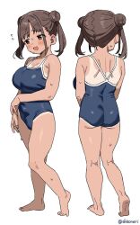 1girl artist_name back bare_shoulders blue_one-piece_swimsuit blush breasts brown_eyes brown_hair cleavage dark-skinned_female dark_skin dot_nose double_bun fanged_bangs full_body hair_bun hand_on_own_arm large_breasts looking_to_the_side median_furrow medium_hair multiple_views new_school_swimsuit one-piece_swimsuit one-piece_tan open_mouth raised_inner_eyebrows school_swimsuit shisoneri simple_background smile sonoda_chiyoko standing sweat swimsuit tan tanline twintails twintails_with_hair_base twitter_username white_background