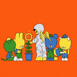 Rule 34 | 1other, ^ ^, androgynous, angel wings, animal, animal ears, backpack, bag, ball, barefoot, baseball cap, beachball, black eyes, black hair, blue hat, blue overalls, blue shirt, bucket, buttons, cat, closed eyes, closed mouth, clothed animal, colored skin, colorful, feathered wings, from behind, green hat, green overalls, guugorou, happy, hat, high contrast, highres, holding, holding bag, holding ball, holding bucket, hood, hood up, hooded jumpsuit, jumpsuit, long sleeves, mini hat, mole, mouse ears, open mouth, orange background, original, overalls, plant, potted plant, puffy long sleeves, puffy sleeves, rabbit, shirt, short hair, simple background, sleeveless, sleeveless shirt, smile, sparkle, very short hair, white jumpsuit, wings, yellow hat, yellow skin, yellow wings