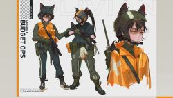 absurdres ammunition_pouch animal_ears black_hair bulletproof_vest cat_ears cigarette flashbang gloves gun hand_on_arm handgun headset helmet highres laser_sight multiple_girls original pants pistol polilla ponytail pouch radio sawed-off_shotgun shoes short_hair shotgun smoking sneakers b&amp;t_mp9 submachine_gun suppressor track_pants trigger_discipline weapon