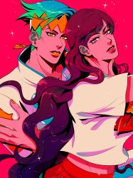 Rule 34 | 1boy, 1girl, blue hair, earrings, gradient hair, green hair, hairband, headband, highres, jewelry, jojo no kimyou na bouken, kishibe rohan, kishibe rohan wa ugokanai, lipstick, makeup, multicolored hair, nail polish, purple eyes, school uniform, tariah furlow, wavy hair, yamagishi yukako