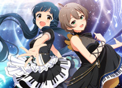 2girls ahoge blue_hair brown_hair dress green_eyes idolmaster idolmaster_million_live! idolmaster_million_live!_theater_days jewelry kitakami_reika low_twintails multiple_girls official_art open_mouth orange_eyes piano_print promotional_art reaching reaching_towards_viewer ring sakuramori_kaori twintails