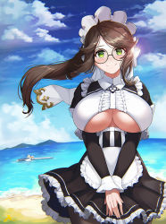 1girl apron black-framed_eyewear black_dress black_pantyhose blue_sky breasts brown_hair closed_mouth cloud constantia_s2 cowboy_shot day dress floating_hair glasses green_eyes horizon large_breasts last_origin long_hair looking_at_viewer maid maid_apron maid_headdress ocean outdoors pantyhose round_eyewear sky smile solo summer underboob v_arms wind wookyung