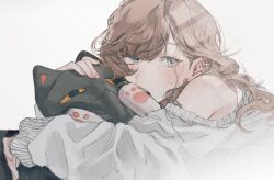 1boy blue_eyes brown_hair ear_piercing earrings holding holding_stuffed_toy jewelry kanae_(nijisanji) kh1h1k long_hair looking_at_viewer male_focus nijisanji off_shoulder piercing roto_(kanae) solo stuffed_animal stuffed_cat stuffed_toy sweater trap upper_body virtual_youtuber white_sweater