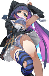 1girl armpits arms_up asymmetrical_legwear beret black_hat black_jacket black_shoes blue_bra blue_eyes blue_panties blush bra cameltoe colored_inner_hair feet_out_of_frame frilled_skirt frills frown fu-ta groin hat highres holding holding_weapon jacket long_hair long_sleeves looking_at_viewer multicolored_hair panties panty_&amp;_stocking_with_garterbelt pink_hair plaid_clothes plaid_skirt pleated_skirt purple_hair pussy_juice pussy_juice_drip_through_clothes pussy_juice_trail school_uniform shoes simple_background single_thighhigh skirt solo stocking_(psg) striped_bra striped_clothes striped_panties striped_thighhighs thighhighs thighs torn_clothes torn_jacket torn_skirt torn_thighhighs two-tone_hair underwear v-shaped_eyebrows very_long_hair weapon white_background white_bra white_panties