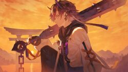 Rule 34 | 1boy, chain, club (weapon), commentary, earrings, fagi (kakikaki), fingerless gloves, gloves, highres, hood, hood down, horns, jewelry, mountain, neo-porte, onigaya ten, solo, torii, virtual youtuber, weapon