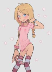 1girl ahoge baraag blue_eyes blush bracelet braid cleft_of_venus feet_out_of_frame female_focus flat_chest half-closed_eyes heart heart_print jewelry linnea_(baraag) loli looking_at_viewer low_twin_braids nipples panties panty_pull pink_panties pulling_own_clothes pussy simple_background smile solo star_(symbol) striped_legwear thighhighs tnso twin_braids twintails underwear