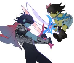 Rule 34 | 2others, :|, = =, armband, armor, black bodysuit, black boots, blue armband, blue hair, blue skin, bodysuit, bodysuit under clothes, boots, brown hair, cape, closed eyes, closed mouth, colored skin, commentary request, deltarune, duel, frisk (undertale), highres, holding, holding sword, holding weapon, korean commentary, kris (dark world) (deltarune), kris (deltarune), midair, multiple others, other focus, pauldrons, prototype design, red cape, shaded face, short hair, shoulder armor, simple background, sword, ttudolee, undertale, weapon, white background, yellow skin