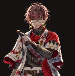 Rule 34 | 1boy, absurdres, belt, black background, black shirt, blood, blood on clothes, blood on face, bloody knife, brown belt, brown hair, cape, closed mouth, commentary, earrings, glasses, hair between eyes, hc (razel1), highres, holding, holding knife, ike eveland, jewelry, knife, looking at viewer, male focus, nijisanji, nijisanji en, orange eyes, red cape, shirt, short hair, simple background, smile, solo, upper body, virtual youtuber