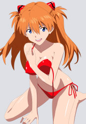 1girl alternate_breast_size arm_support barefoot bikini bikini_pull blue_eyes breasts clothes_pull curvy hand_on_own_chest highres jaaaan large_breasts long_hair looking_at_viewer neon_genesis_evangelion open_mouth orange_hair red_bikini side-tie_bikini_bottom sitting smile solo souryuu_asuka_langley swimsuit teasing untied_bikini very_long_hair