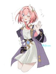 Rule 34 | 1girl, ;o, absurdres, bare shoulders, blue eyes, breasts, coat, commentary request, cropped legs, cyrene (honkai: star rail), dress, hair ornament, highres, honkai: star rail, honkai (series), jewelry, looking at viewer, multicolored hair, necklace, one eye closed, pink hair, pointy ears, ponunu, purple coat, short hair, simple background, small breasts, solo, translation request, twitter username, two-tone hair, white background, white dress, white hair