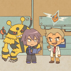 Rule 34 | 2boys, blue eyes, blue jacket, blue shoes, brown pants, brown shoes, chibi, closed mouth, collared jacket, collared shirt, commentary request, electivire, floating, full body, gen 4 pokemon, grey hair, grey pants, holding, holding notebook, index finger raised, indoors, jacket, lab coat, long sleeves, male focus, mojacookie, multiple boys, nintendo, notebook, official art, open clothes, open jacket, open mouth, pants, paul (pokemon), pokemon, pokemon (anime), pokemon (creature), pokemon journeys, purple hair, red eyes, red shirt, rotom, rotom (normal), samuel oak, second-party source, shirt, shoes, short hair, smile, standing, teeth, upper teeth only, white jacket