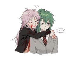 +++ ... 2girls atou_haruki black_jacket black_necktie blood blood_on_face blood_on_hands brown_shirt chinese_commentary closed_mouth commentary_request expressionless fang fruitacid genderswap genderswap_(mtf) glasses green_eyes green_hair grey_jacket hug jacket long_hair long_sleeves multiple_girls necktie official_alternate_hair_color open_clothes open_jacket open_mouth otowa_rui_(saibou_shinkyoku) pink_hair ponytail red_eyes saibou_shinkyoku semi-rimless_eyewear shirt skin_fang smile speech_bubble spoilers spoken_ellipsis white_shirt