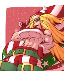 1girl abs blonde_hair boku_no_hero_academia breasts chrismas flag_print green_eyes hensket highres large_breasts long_hair muscular muscular_female santa_costume smile solo star_and_stripe_(boku_no_hero_academia)