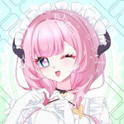 1girl ;o blue_background blue_eyes butterfly_hair_ornament chinese_commentary commentary_request elf elysia_(honkai_impact) elysia_(miss_pink)_(honkai_impact) elysia_(miss_pink_elf)_(honkai_impact) fake_horns four-finger_heart_hands gloves hair_ornament heart heart_hands highres honkai_(series) honkai_impact_3rd horns long_hair looking_at_viewer maid maid_headdress official_alternate_costume one_eye_closed pink_hair pointy_ears solo upper_body wei_w white_gloves