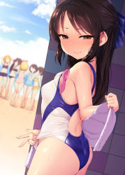 3: 6+girls akagi_miria ass blurry blurry_background blush breasts breath brown_eyes brown_hair closed_mouth commentary_request competition_swimsuit cowboy_shot day depth_of_field dutch_angle hair_ribbon half_updo idolmaster idolmaster_cinderella_girls in_swimsuit loli looking_at_viewer matoba_risa multiple_girls object_in_clothes object_in_swimsuit one-piece_swimsuit outdoors ribbon sakurai_momoka sasaki_chie satou_kuuki sidelocks small_breasts solo_focus unworn_swim_cap swimsuit tachibana_arisu towel w wet yuuki_haru
