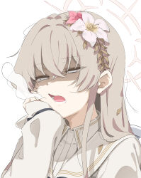 1girl :o absurdres blue_archive braid commentary_request crown_braid csham dress flower frown grey_hair hair_flower hair_ornament halo hand_on_own_cheek hand_on_own_face highres long_hair long_sleeves looking_ahead nagisa_(blue_archive) shaded_face sigh simple_background solo straight_hair upper_body white_background white_dress