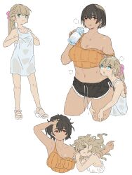 2girls armpits blonde_hair blue_eyes bottle breasts brown_hair crop_top dark-skinned_female dark_skin dress flat_chest height_difference highres hugging_another&#039;s_leg kei_(m_k) large_breasts long_hair looking_at_another lying m_k midriff multiple_girls navel original ponytail red_eyes rika_(m_k) shoes short_hair short_shorts shorts simple_background sleeping strap_slip sweat tall_female tank_top tomboy water_bottle white_background yuri
