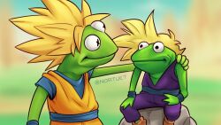 Rule 34 | 2boys, bare shoulders, blonde hair, closed mouth, cosplay, dragon ball, dragonball z, father and son, kermit the frog, looking at another, meme, multiple boys, nortuet, sitting, son gohan, son gohan (cosplay), son goku, son goku (cosplay), spiked hair, super saiyan, super saiyan 1, uniform