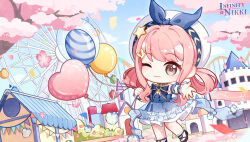 1girl absurdres amusement_park artist_request back_bow balloon bare_shoulders beret black_bow black_shoes blue_bow blue_bowtie blue_brooch blue_choker blue_dress blue_sky blue_sleeves blue_wrist_cuffs blunt_bangs bow bow_choker bowtie brown_eyes bubble bubbly_voyage_(infinity_nikki) bush buttons castle cherry_blossoms chibi choker closed_mouth cloud collared_dress confetti copyright_name day detached_sleeves dot_nose dress eyelashes ferris_wheel footwear_bow frilled_choker frilled_dress frilled_sleeves frilled_socks frilled_wrist_cuffs frills garland_(decoration) hair_intakes hair_ornament hair_rings hairclip happy hat hat_bow heart_balloon high_heels highres holding holding_balloon infinity_nikki light_blush light_particles logo medium_dress medium_hair nikki_(nikki) nikki_(series) official_art one_eye_closed outdoors outstretched_hand pink_hair pumps rabbit_hair_ornament roller_coaster second-party_source shoes short_dress short_sleeves sidelocks sky smile socks solo spring_(season) standing star_(symbol) star_choker star_hair_ornament strapless strapless_dress striped_clothes striped_dress swept_bangs tareme tree vertical-striped_clothes vertical-striped_dress wavy_hair white_hat white_socks wrist_cuffs