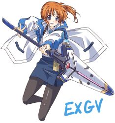 Rule 34 | 1girl, black pantyhose, blue skirt, blush, collared shirt, commentary, full body, holding, holding weapon, jacket, long sleeves, looking at viewer, lyrical nanoha, magazine (weapon), magical girl, mahou shoujo lyrical nanoha, mahou shoujo lyrical nanoha exceeds: gun blaze vengeance, military uniform, open mouth, orange hair, pantyhose, pencil skirt, purple eyes, raising heart, shirt, short hair, side ponytail, simple background, skirt, smile, solo, takamachi nanoha, weapon, white background, white jacket, yorousa (yoroiusagi)