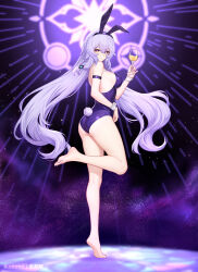 Rule 34 | 1girl, alternate costume, animal ears, arm strap, ass, bare arms, bare legs, barefoot, black swan (honkai: star rail), breasts, commentary request, cup, cupping glass, duplicate, fake animal ears, fake tail, feet, full body, hand up, highres, holding, holding cup, honkai: star rail, honkai (series), large breasts, leotard, long hair, looking at viewer, pixel-perfect duplicate, playboy bunny, purple hair, purple leotard, rabbit ears, rabbit tail, smile, solo, standing, standing on one leg, strapless, strapless leotard, tail, thighs, very long hair, wrist cuffs, yunkaiming