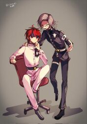 2boys ahoge aotsuki_eito armband black_pants black_shoes blue_eyes blue_hair closed_eyes closed_mouth full_body glasses grey_background grey_hair hair_between_eyes hand_on_another&#039;s_shoulder hand_up last_defense_academy_school_uniform male_focus messy_hair multicolored_eyes multicolored_hair multiple_boys open_mouth pants parted_hair red_chair red_eyes red_hair shoes simple_background sitting standing streaked_hair sumino_takumi the_hundred_line_-last_defense_academy- white_pants
