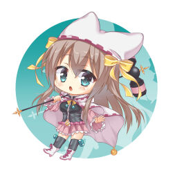 Rule 34 | 1girl, :o, animal ear headwear, aqua eyes, black shirt, black thighhighs, blush, boots, bow, breasts, brown hair, cape, chibi, chibi only, colored eyelashes, commentary request, detached sleeves, eyes visible through hair, fake animal ears, floating hair, frilled skirt, frilled sleeves, frills, full body, fuyukichi (nikoniko1567), hair between eyes, hammer, hand up, hat, hat bow, hat ribbon, highres, holding, holding hammer, impossible clothes, large breasts, long hair, long sleeves, looking at viewer, magical girl, miniskirt, neck ribbon, outstretched arm, outstretched hand, pink skirt, pleated skirt, ribbon, sanoba witch, shiiba tsumugi, shirt, skirt, solo, standing, straight hair, striped clothes, striped thighhighs, tareme, thighhighs, vertical-striped clothes, vertical-striped thighhighs, very long hair, white boots, white cape, white hat, wide sleeves, yellow bow, yellow ribbon, zettai ryouiki