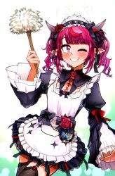 1girl ;d absurdres apron black_bow black_ribbon black_thighhighs blunt_bangs bow brooch chest_bow commentary ddolbang detached_collar drill_hair earrings flower_earrings frilled_apron frills garter_straps grin hair_ribbon halo hand_up highres holding holding_brush hololive hololive_english irys_(hololive) irys_(maid)_(hololive) jewelry juliet_sleeves lace lace-trimmed_collar lace_thighhighs lace_trim layered_sleeves long_sleeves looking_at_viewer maid maid_apron maid_headdress medium_hair multicolored_hair official_alternate_costume official_alternate_hairstyle one_eye_closed open_mouth puffy_sleeves purple_eyes purple_hair red_hair ribbon smile solo star-shaped_pupils star_(symbol) star_halo streaked_hair symbol-shaped_pupils thighhighs twin_drills twintails virtual_youtuber waist_bow white_apron wide_sleeves