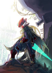 1boy blonde_hair capcom energy_blade green_eyes helmet highres mega_man_(series) mega_man_zero_(series) nasu_(roda_de_estrela) pantheon zero(z)_(mega_man) zero_(mega_man)