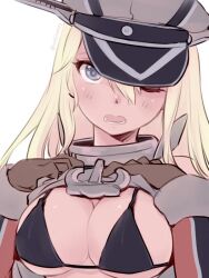 Rule 34 | 1girl, anecokgm, bikini, bismarck (kancolle), black bikini, blonde hair, blue eyes, blush, breasts, brown gloves, cleavage, elbow gloves, gloves, hair between eyes, hands on own chest, hat, kantai collection, large breasts, long hair, looking at viewer, one-hour drawing challenge, one eye closed, open mouth, peaked cap, simple background, solo, swimsuit, twitter username, upper body, white background