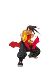Rule 34 | 1boy, baggy pants, bridal gauntlets, brown hair, chinese clothes, clenched hands, fighting stance, game cg, highres, looking at viewer, male focus, muscular, nishimura kinu, non-web source, official art, pants, shoes, siblings, simple background, sleeveless, sneakers, solo, squatting, street fighter, street fighter iii (series), white background, yang lee