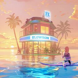 Rule 34 | 1girl, bikini, bikini under clothes, brand name imitation, building, chromatic aberration, cloud, convenience store, eating, evening, food, highres, holding, holding food, juice carton, lawson, medium hair, oar, orange hair, orange sky, original, palm tree, plant, potted plant, saku onono, scenery, see-through clothes, see-through shirt, shirt, shop, short shorts, shorts, sign, sitting, sky, solo, sun, sunset, swimsuit, tree, water