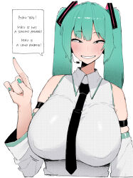 Rule 34 | 1girl, alternate breast size, aqua eyes, aqua hair, aqua nails, armband, bare shoulders, black armband, black necktie, blush, breasts, collared shirt, covered erect nipples, detached sleeves, english text, fingernails, half-closed eyes, hand up, hatsune miku, headset, highres, huge breasts, index finger raised, long hair, looking at viewer, microphone, nail polish, necktie, ohasi, parted lips, shirt, sleeveless, sleeveless shirt, smile, speech bubble, sweatdrop, twintails, vocaloid, white shirt
