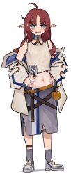 1girl ahoge apple arknights belt blush food fruit golden_apple green_eyes hands_on_own_hips highres jacket looking_at_viewer midriff mitsuoni_souda multiple_belts myrtle_(arknights) navel open_mouth pointy_ears red_hair smile sparkle tank_top white_background white_tank_top