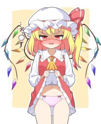 1girl ascot blonde_hair blush border bow bow_panties breasts clothes_lift commentary_request cowboy_shot crystal crystal_wings d: disgust flandre_scarlet gluteal_fold hat hat_ribbon highres jitome lifting_own_clothes loli long_sleeves looking_at_viewer medium_hair mob_cap multicolored_wings navel nose_blush one_side_up open_mouth panties peanut_mouth pink_panties polka_dot polka_dot_panties red_eyes red_skirt red_vest ribbon skirt skirt_lift skirt_set small_breasts solo touhou translation_request underwear v-shaped_eyebrows vest white_border white_hat wings yellow_ascot yellow_background zenji029