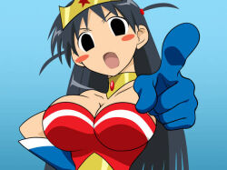 cosplay crown gloves leotard looking_at_viewer neck pigtail_braids pointing pointing_at_viewer school_rumble superhero_costume tsukamoto_tenma wonder_woman_(cosplay)