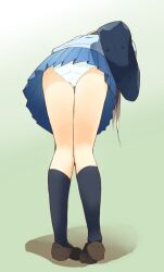 Rule 34 | 1girl, ass, bag, bent over, black socks, blue skirt, brown hair, brown shoes, commentary request, crotch seam, foreshortening, from behind, full body, grey sweater, kneehighs, long hair, miniskirt, original, panties, pantyshot, pigeon-toed, pleated skirt, rekindlingburn, school bag, school uniform, shoes, skirt, socks, solo, standing, sweater, underwear, white panties