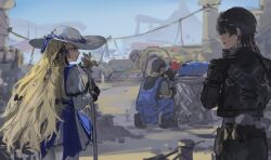 Rule 34 | absurdres, black gloves, black hair, black jacket, black pants, black ribbon, blonde hair, blue sash, fish, fisherman, flower, gloves, grey background, harbor, hat, highres, ian46166491, jacket, long hair, male rover (wuthering waves), pangu terminal (wuthering waves), pants, phoebe (wuthering waves), red flower, ribbon, rover (wuthering waves), sash, shirt, skirt, white hat, white skirt, wuthering waves, yellow eyes