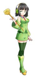 1girl black_hair blunt_bangs boots breasts commentary_request dairi detached_sleeves full_body green_boots green_eyes green_skirt green_thighhighs headphones headset high_heel_boots high_heels highres holding knee_boots kyoumachi_seika large_variant_set looking_at_viewer microphone necktie open_mouth red_necktie short_hair skirt solo standing tachi-e thighhighs transparent_background v-shaped_eyebrows variant_set voiceroid wand wing_collar zettai_ryouiki
