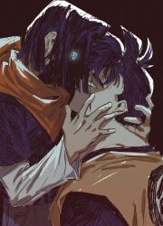 2boys android android_17 black_hair black_shirt blue_eyes dbtg_hope dougi dragon_ball dragonball_z earrings empty_eyes eye_contact facial_scar glowing glowing_eye gold_earrings hand_on_another&#039;s_face hand_on_another&#039;s_head highres hoop_earrings jewelry korean_commentary looking_at_another male_focus medium_hair multiple_boys muscular muscular_male neckerchief one_eye_in_shadow orange_dougi orange_neckerchief profile scar scar_on_cheek scar_on_face shaded_face shirt shirt_under_shirt short_hair sketch son_gohan son_gohan_(future) spiked_hair white_sleeves